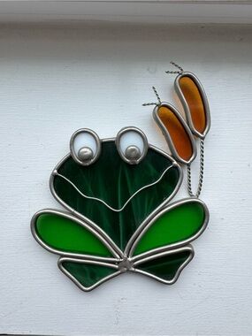 Handcrafted Green Stained Glass Frog Suncatcher with Orange Accents